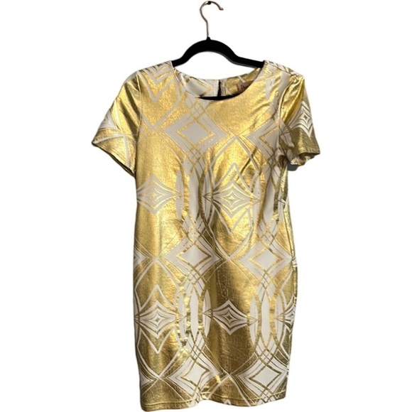 Topshop Dresses & Skirts - Topshop Dress Up Collection Metallic Gold & White Print Dress w Cut Out Back 12